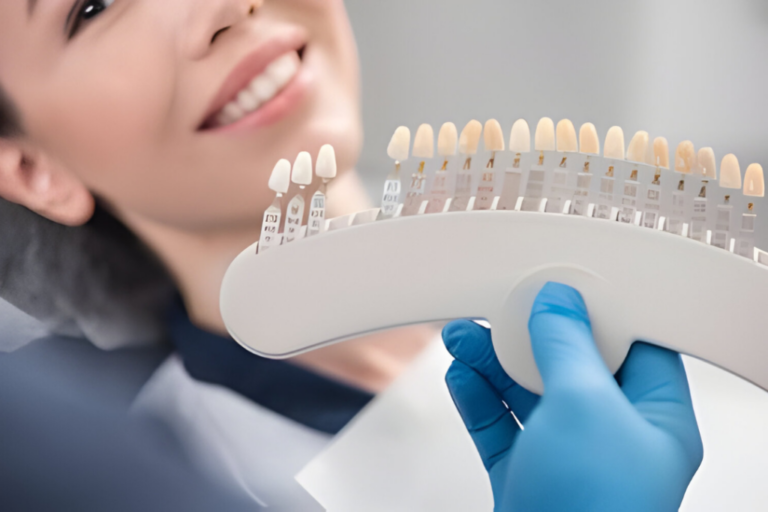 dentist checking suitable pocelain veneers for dental treatment